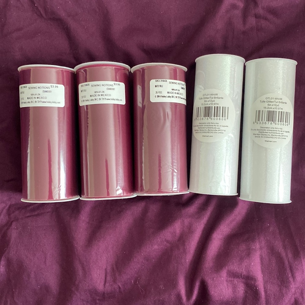 3 Cranberry 25 yds Sewing Notions and 2 Glitter Tullie. BNWT